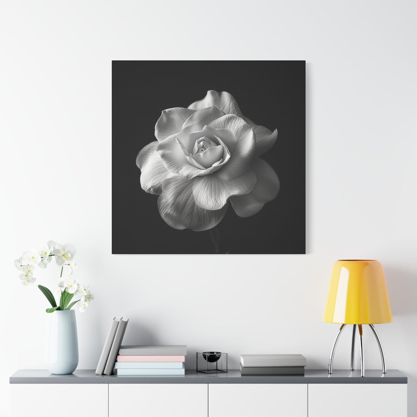 A black and white portrait of a white gardenia flower. Matte Canvas, Stretched, 1.25"