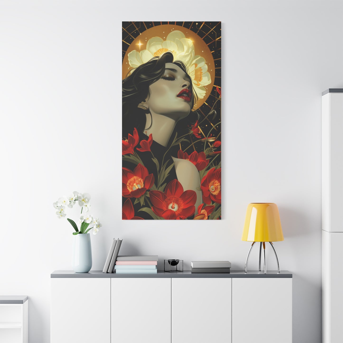 Canvas Print - Art Deco Inspired Print with Beautiful Woman and Bright Flowers