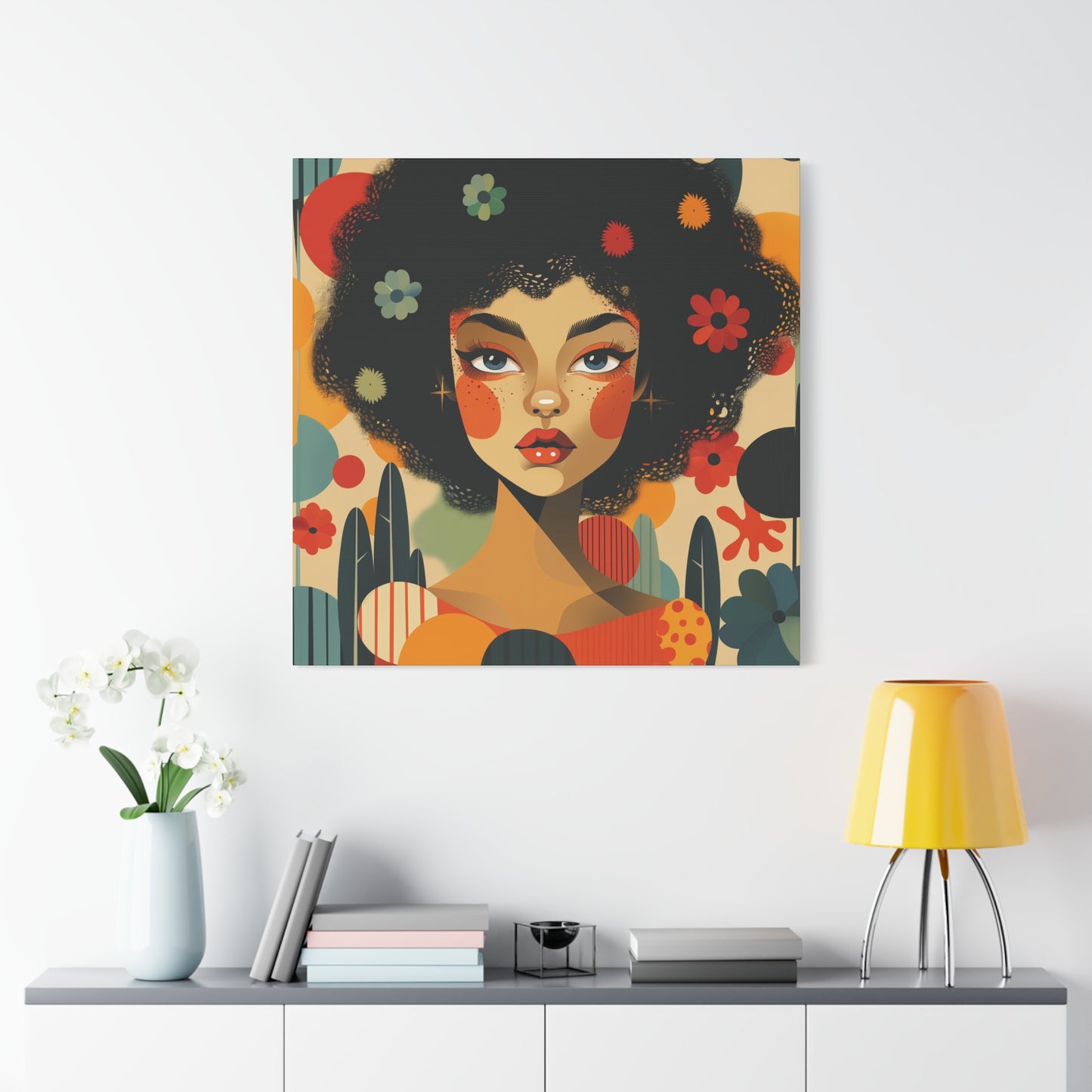 Woman with floral aesthetics mid century modern Matte Canvas, Stretched, 1.25"