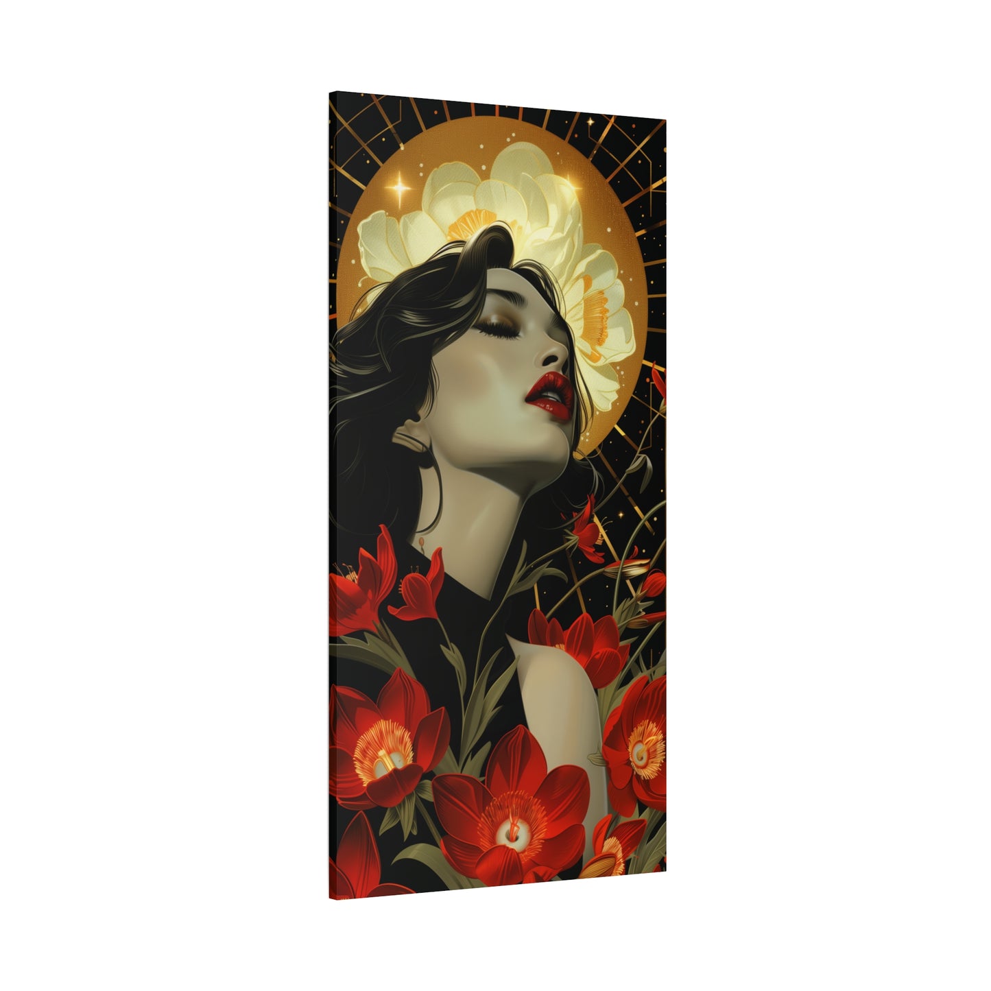 Canvas Print - Art Deco Inspired Print with Beautiful Woman and Bright Flowers