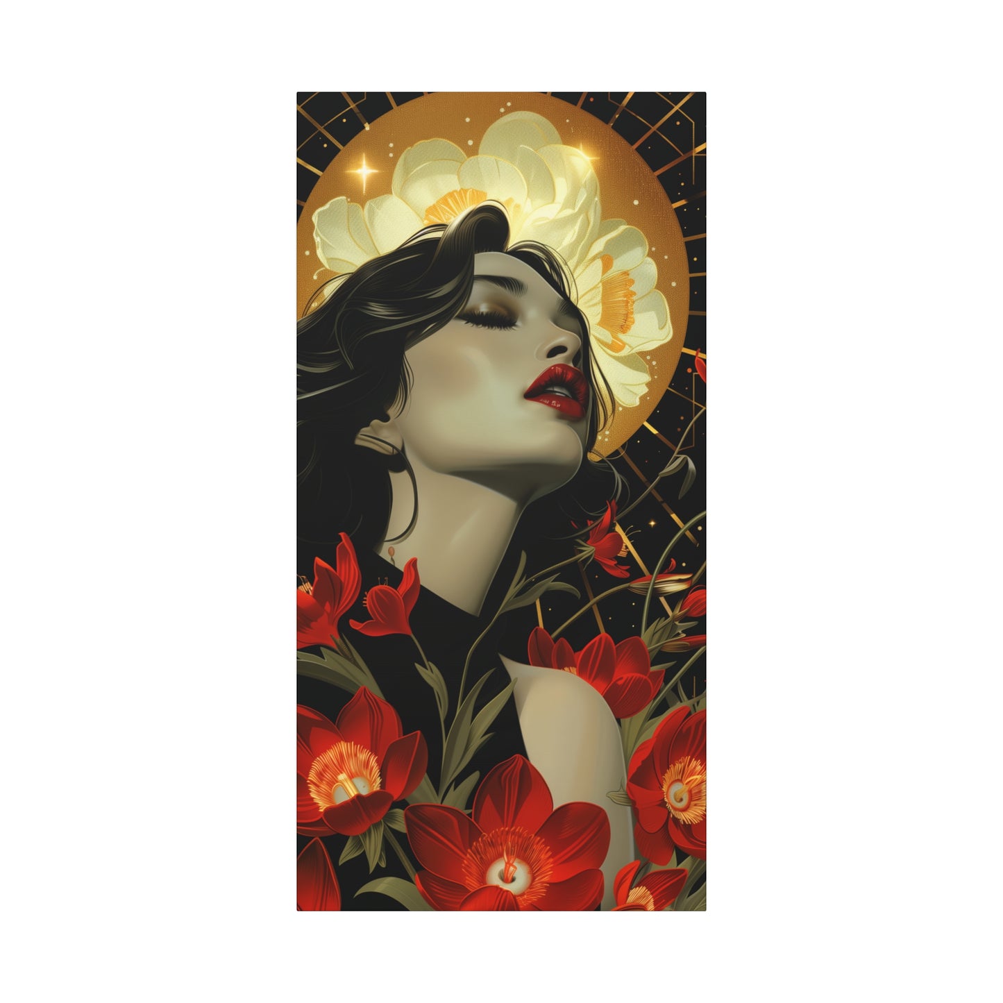 Canvas Print - Art Deco Inspired Print with Beautiful Woman and Bright Flowers