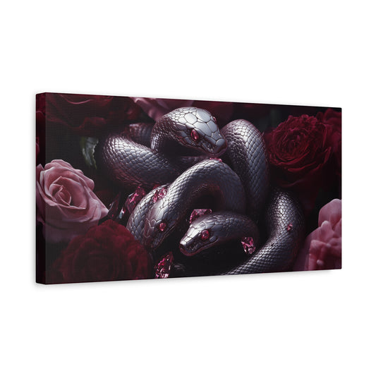 Metallic snakes in a bed of roses and gems canvas print