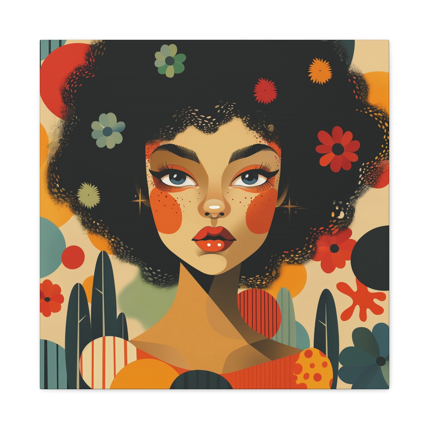 Woman with floral aesthetics mid century modern Matte Canvas, Stretched, 1.25"